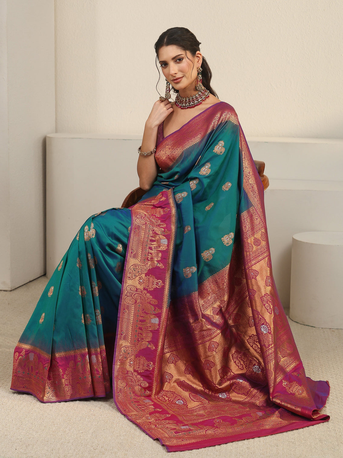 Mameraa Cerulean Blue and Pink Woven Design Silk Blend Banarasi Saree