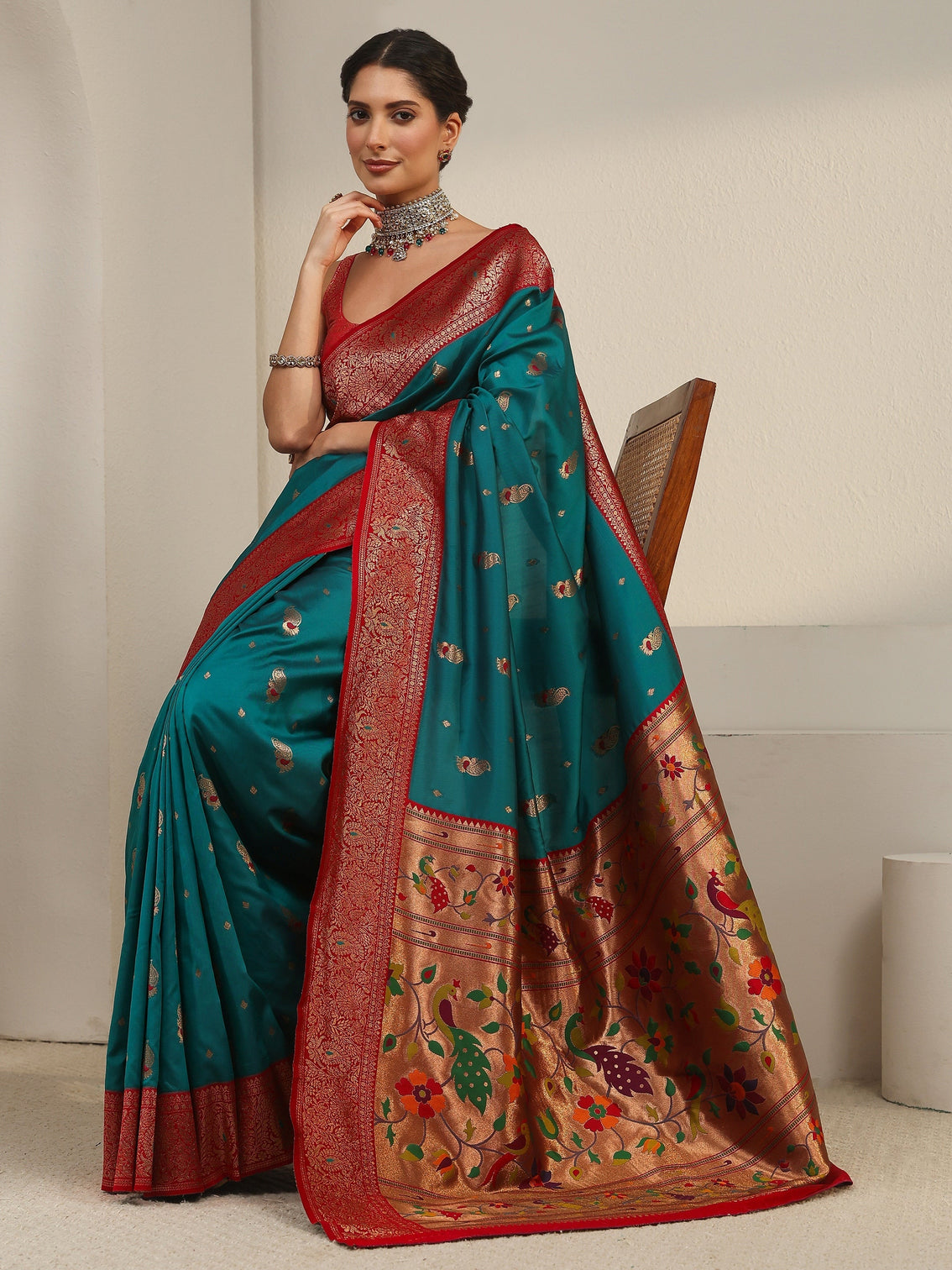 Mameraa Cerulean Blue and Red Silk Blend Paithani Saree