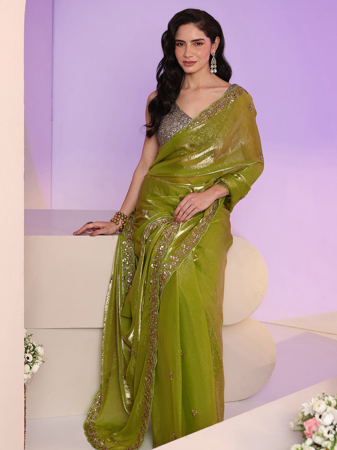 Mameraa Chartreuse Green Floral Embellished Tissue Saree
