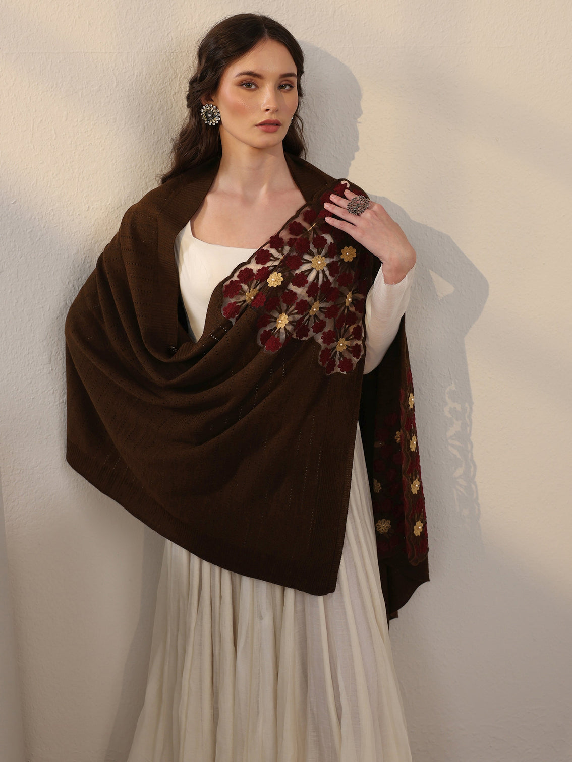 Mameraa Chocolate Brown Floral Embroidered Acrylic Wrap Shawl