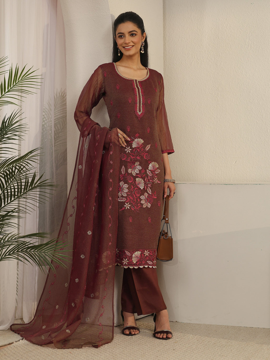 Mameraa Chocolate Brown Floral Embroidered Tissue Straight Suit Set