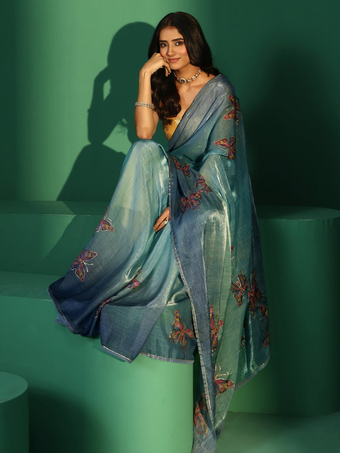 Mameraa Cobalt Blue Butterfly Print Chiffon Saree
