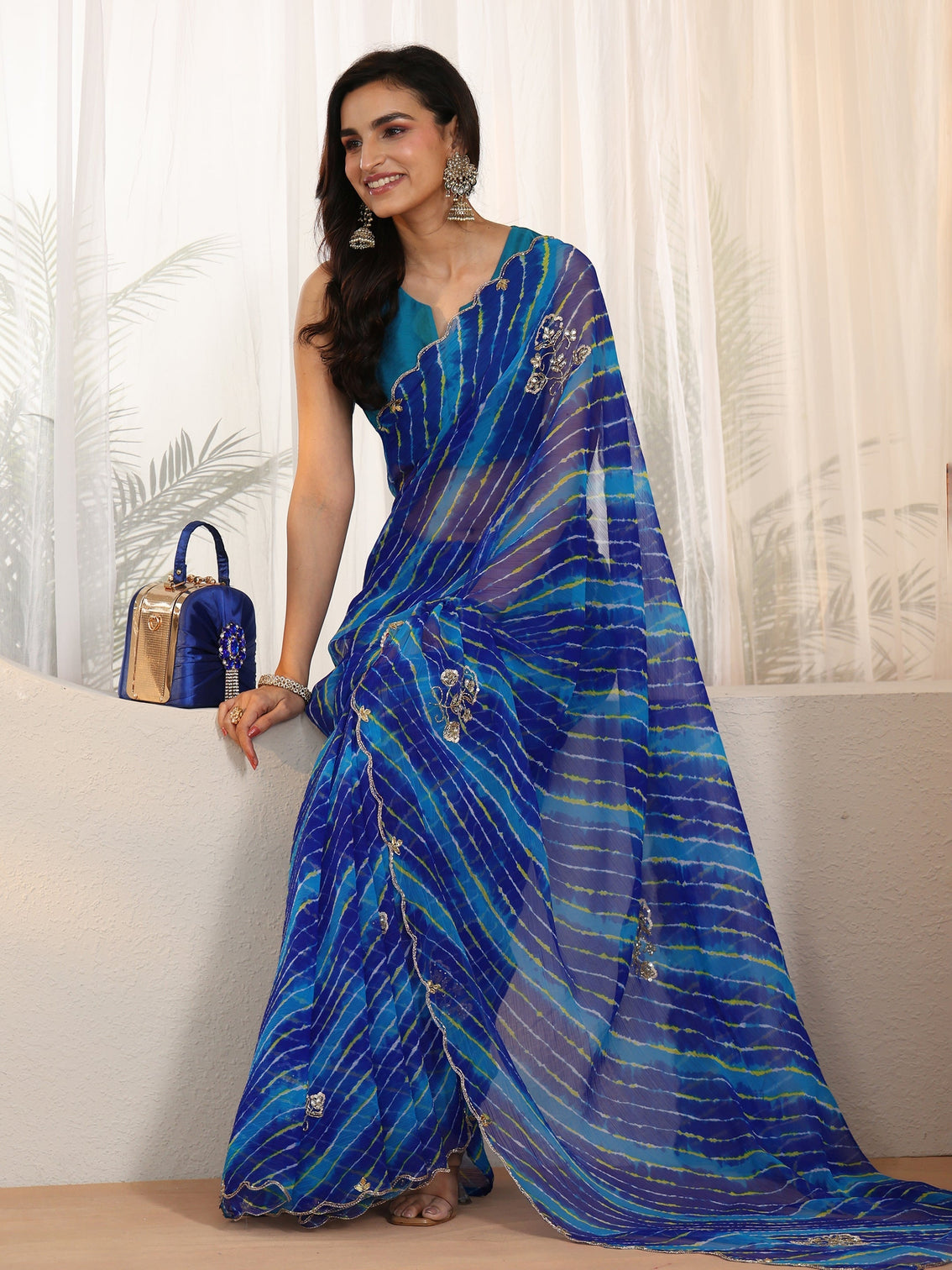 Mameraa Cobalt Blue Leheriya Printed Chiffon Saree