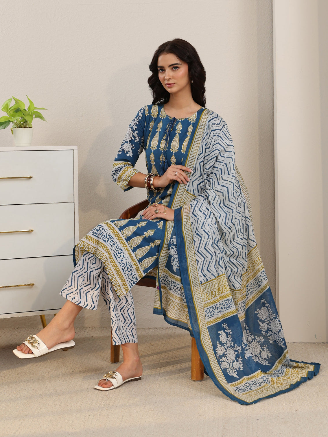 Mameraa Cobalt Blue Printed Cotton Straight Suit Set