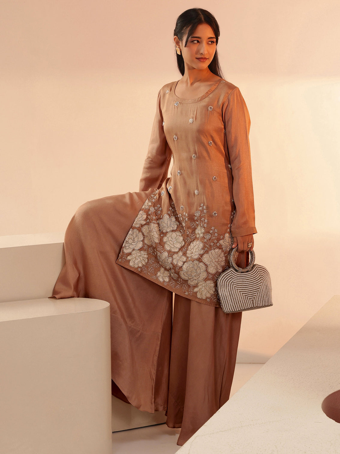 Mameraa Coffee Brown Floral Applique Silk Blend Straight Kurta Set