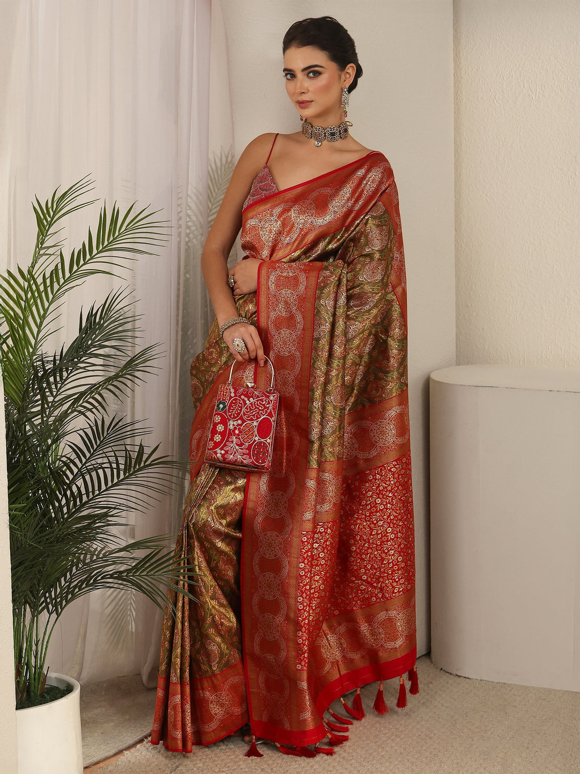 Mameraa Copper and Green Woven Design Silk Blend Saree