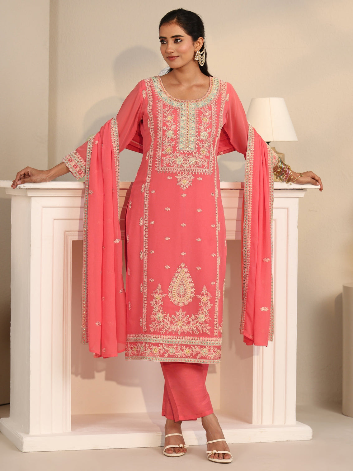 Mameraa Coral Floral Embroidered Georgette Straight Suit Set