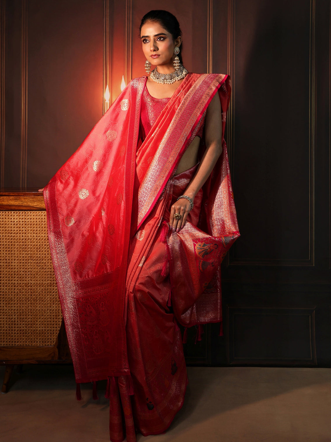 Mameraa Coral Pink Banarasi Silk Blend Saree