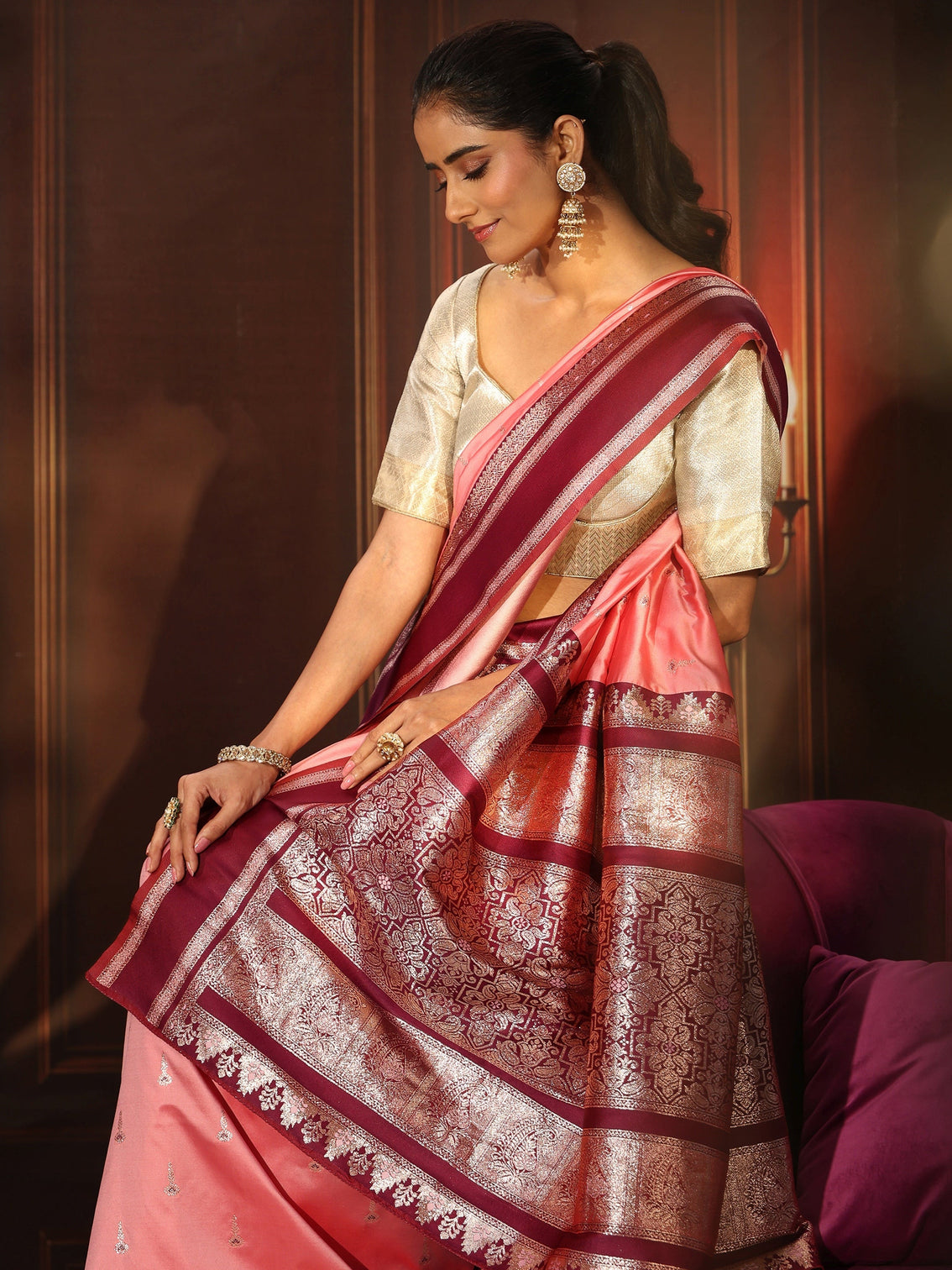 Mameraa Coral Pink Kanjeevaram Silk Blend Saree