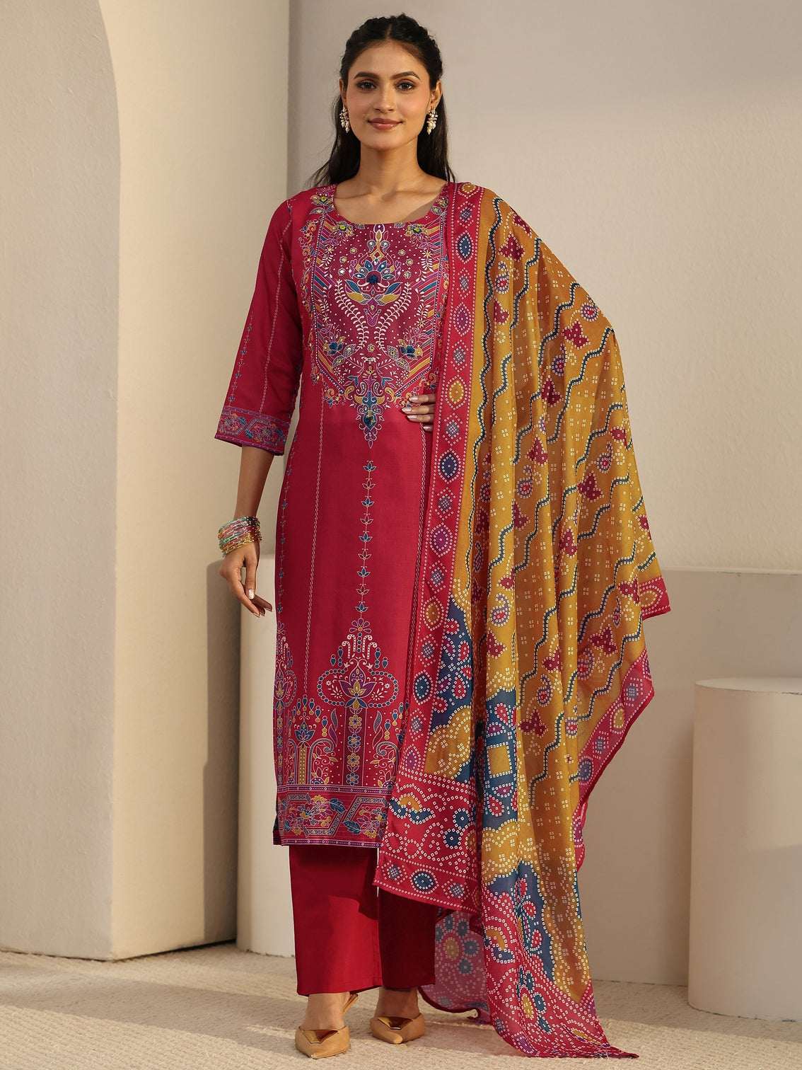 Mameraa Coral Pink Printed Cotton Straight Suit Set
