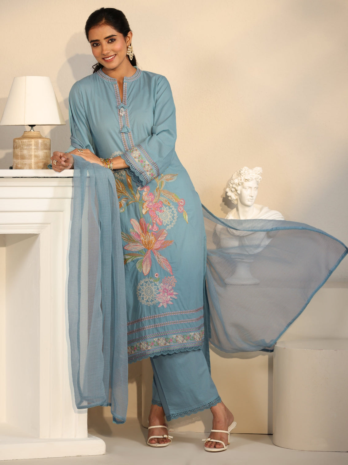 Mameraa Cornflower Blue Floral Embroidered Cotton Straight Suit Set