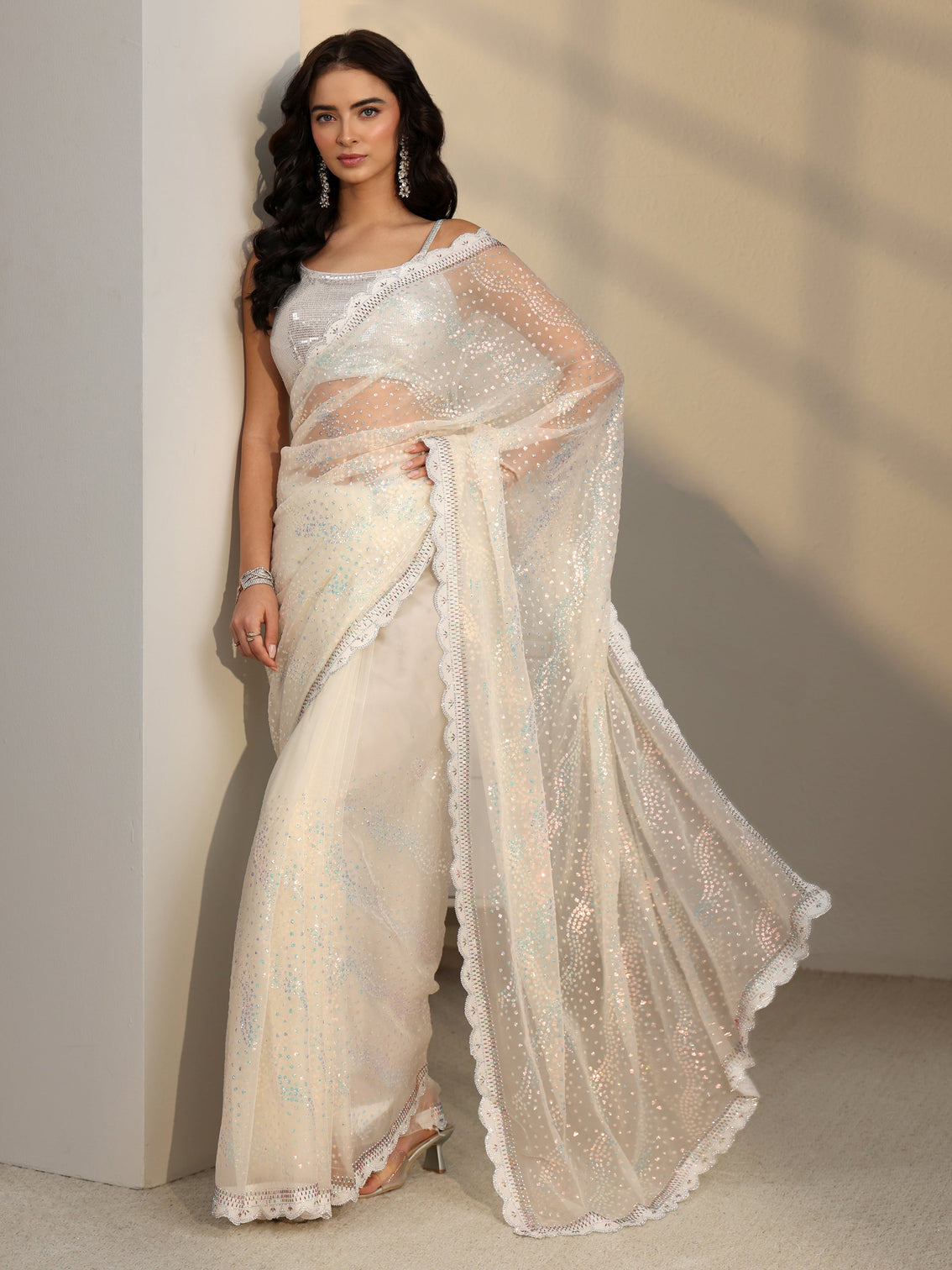 Mameraa Cream Embellished Chiffon Saree with Scalloped Border