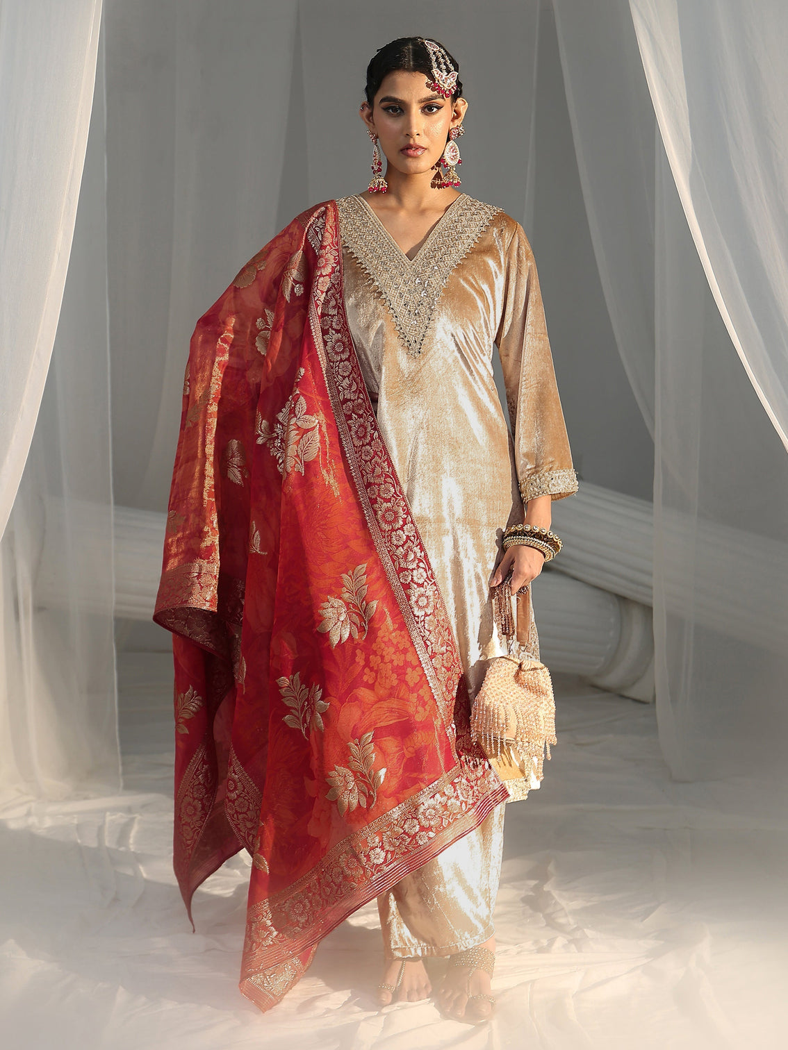 Mameraa Cream Embroidered Velvet Straight Suit Set