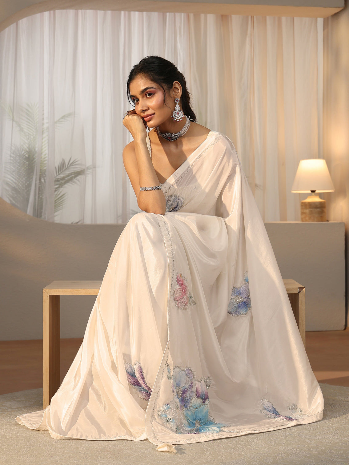 Mameraa Cream Floral Applique Design Satin Saree