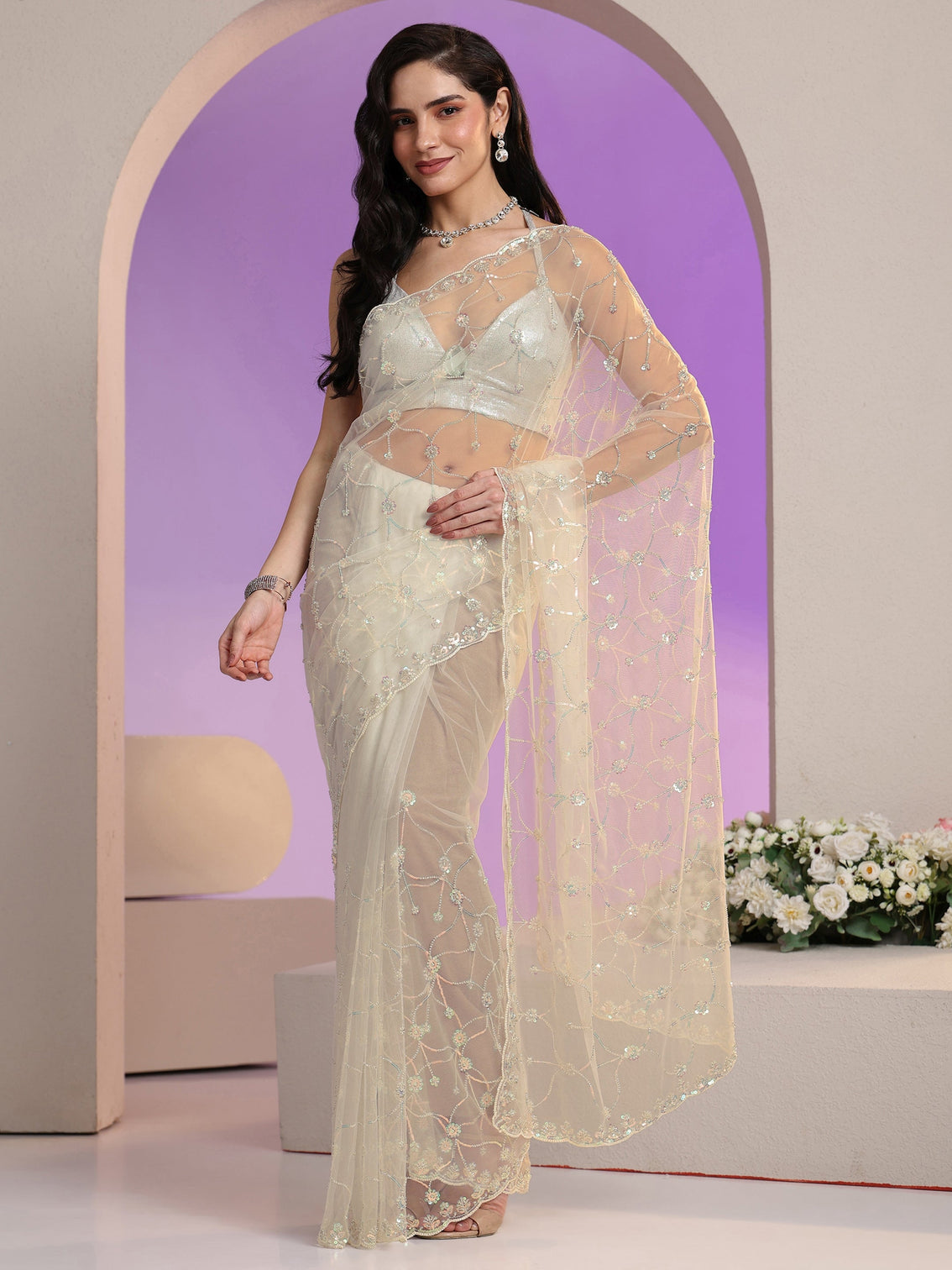 Mameraa Cream Floral Embellished Net Saree