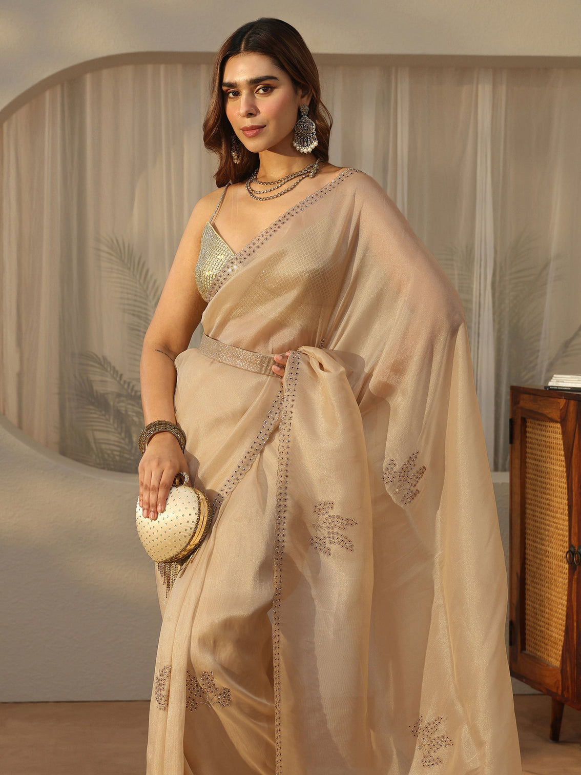 Mameraa Cream Floral Embellished Organza Saree