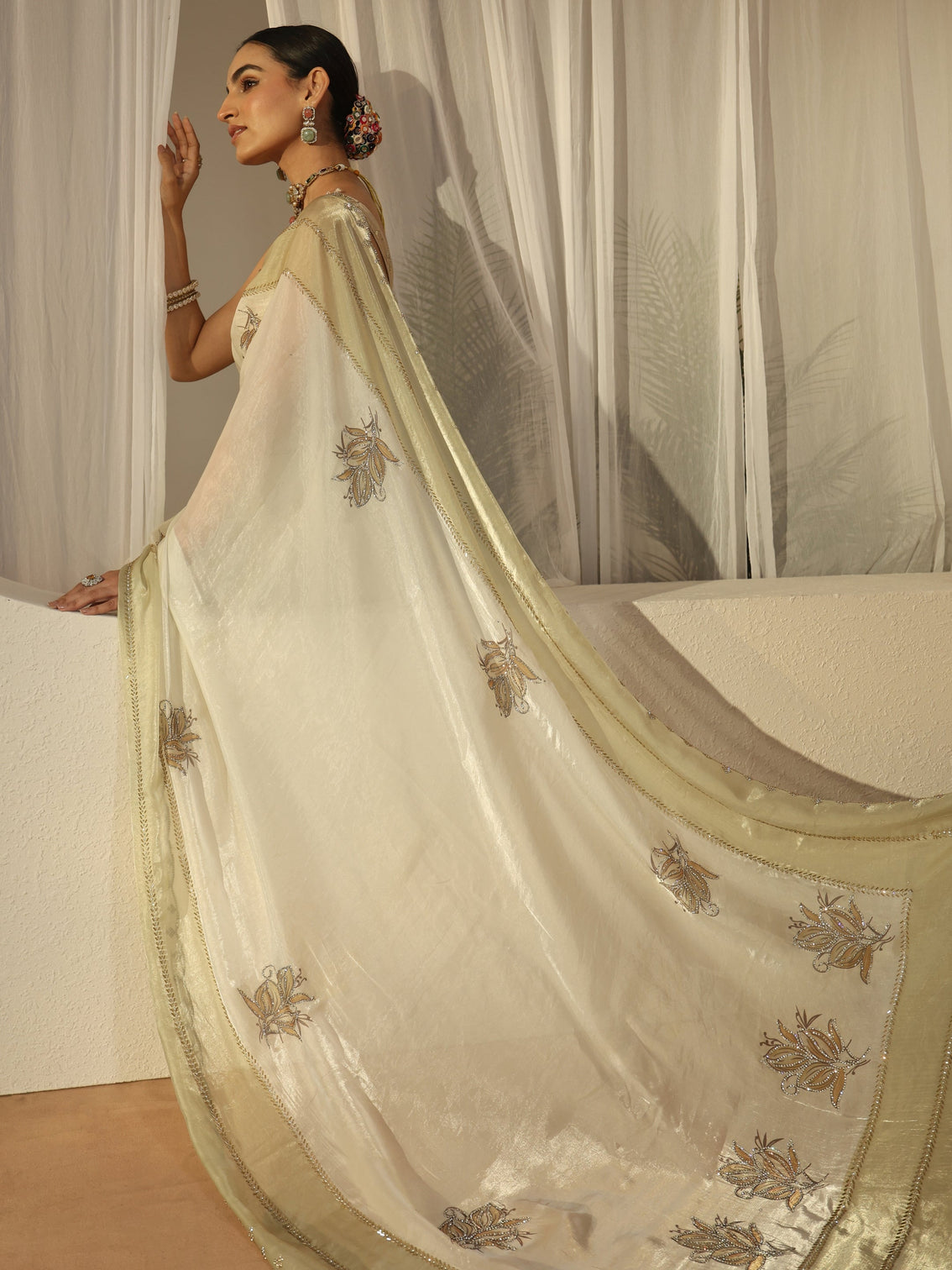 Mameraa Cream Floral Embellished Tissue Saree