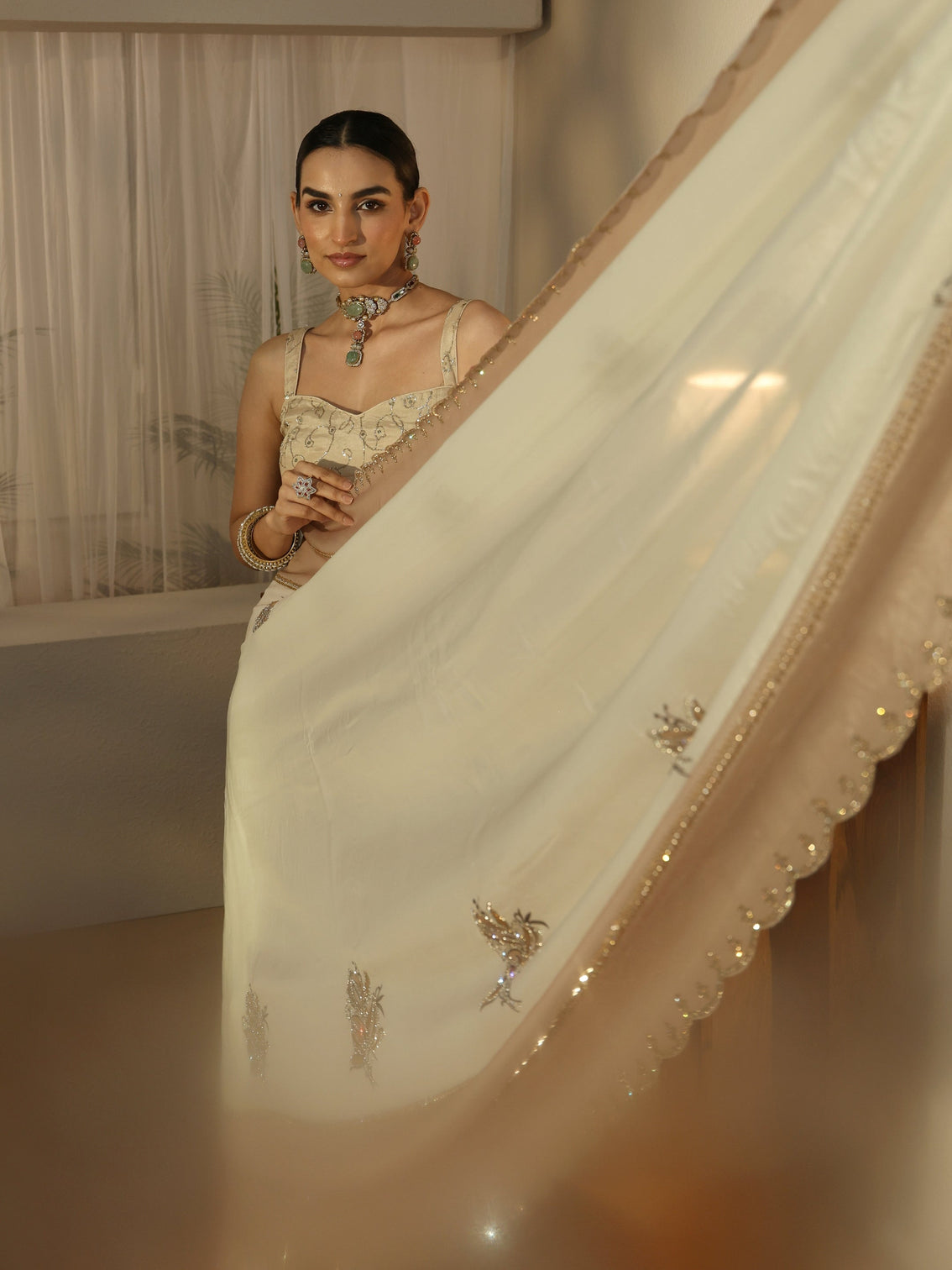 Mameraa Cream Floral Embellished Tissue Saree