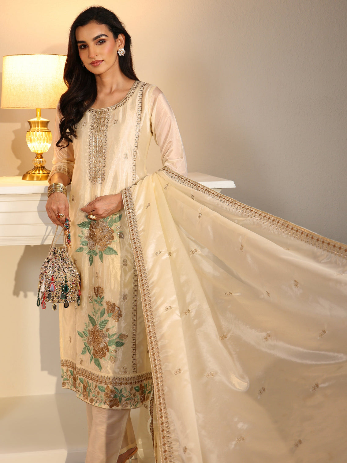 Mameraa Cream Floral Embroiderd Organza Straight Suit Set - Mameraa