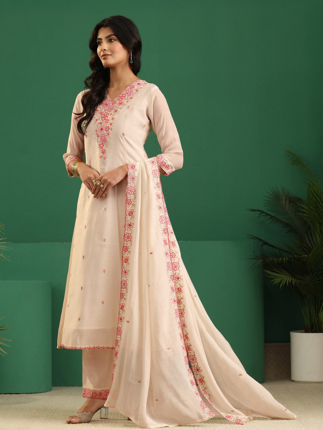 Mameraa Cream Floral Embroidered Chanderi Cotton A-Line Suit Set