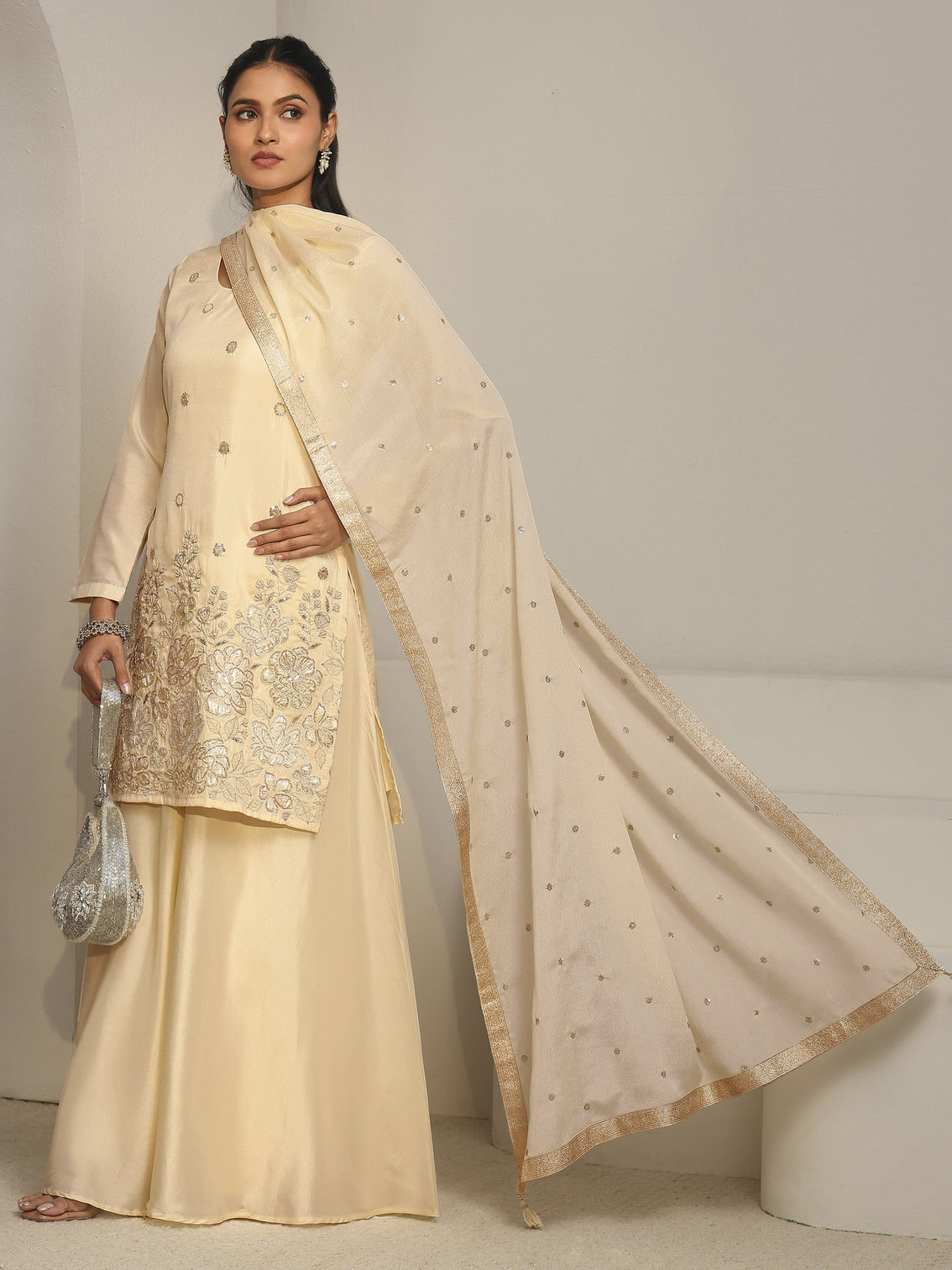 Mameraa Cream Floral Embroidered Silk Blend Palazzo Suit Set
