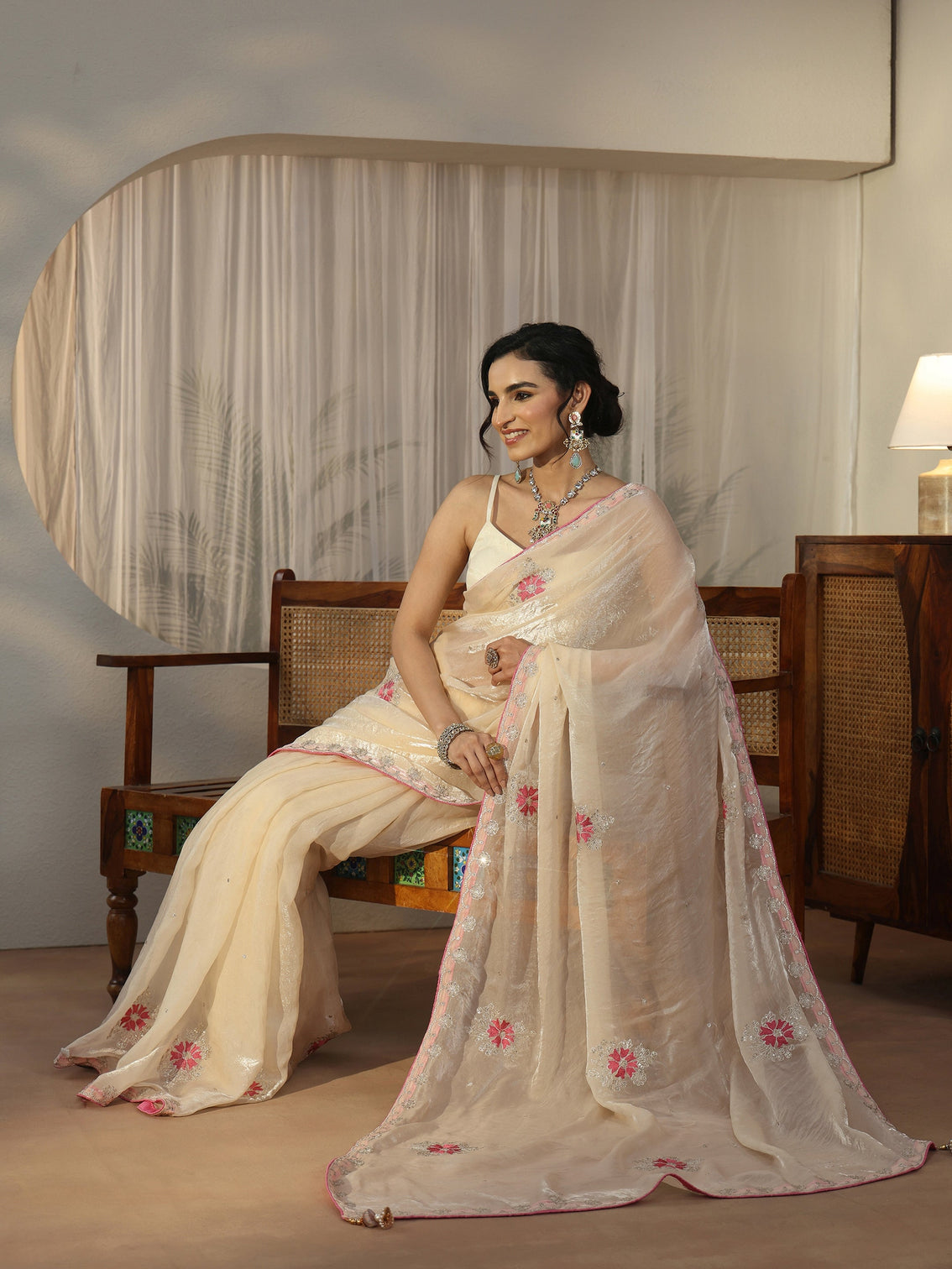 Mameraa Cream Floral Embroidered Tissue Saree