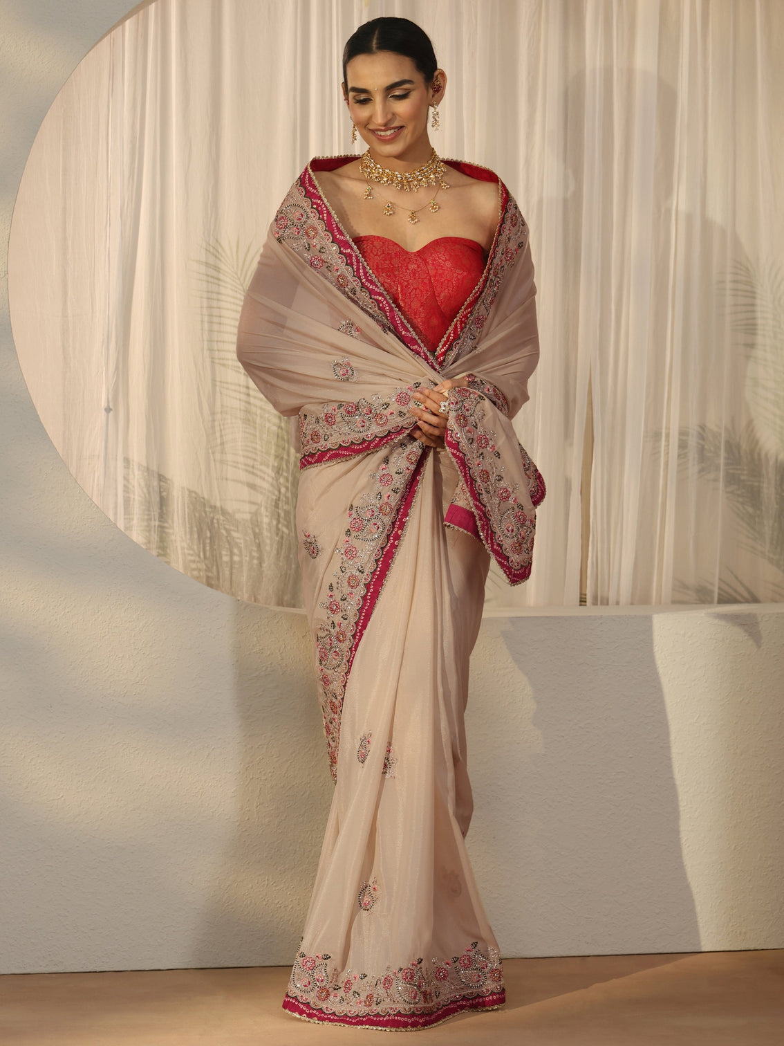 Mameraa Cream Floral Embroidered Tissue Saree