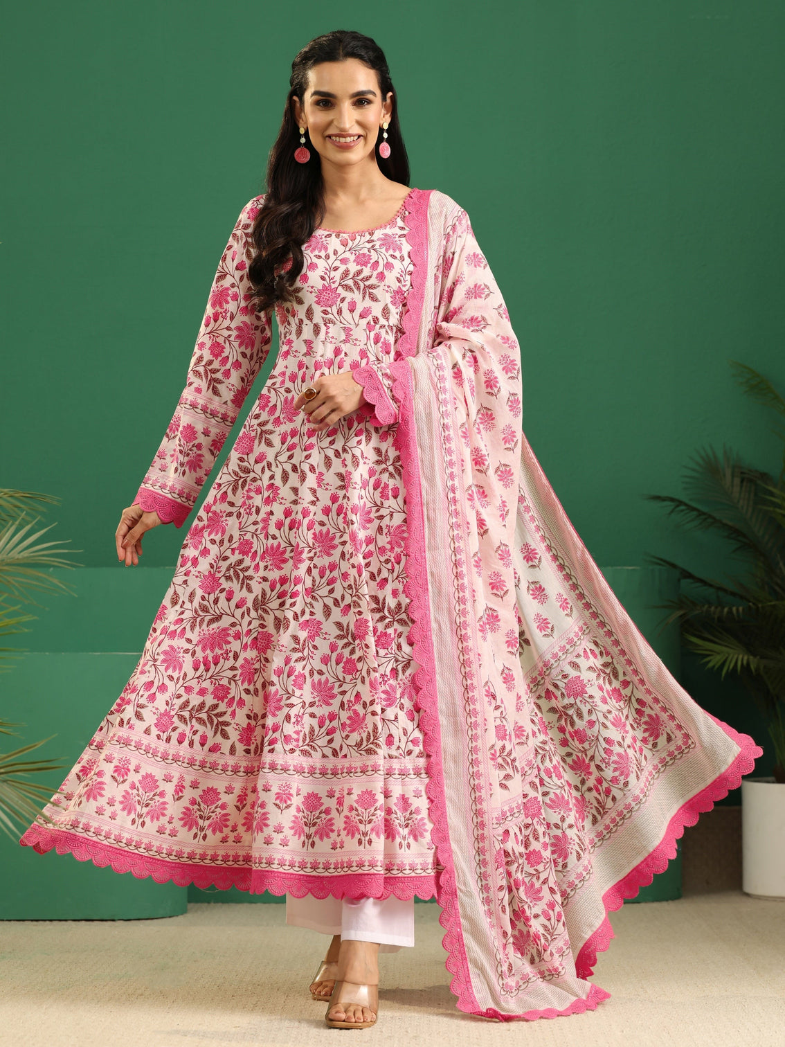 Mameraa Cream Floral Printed Cotton Anarkali Suit Set