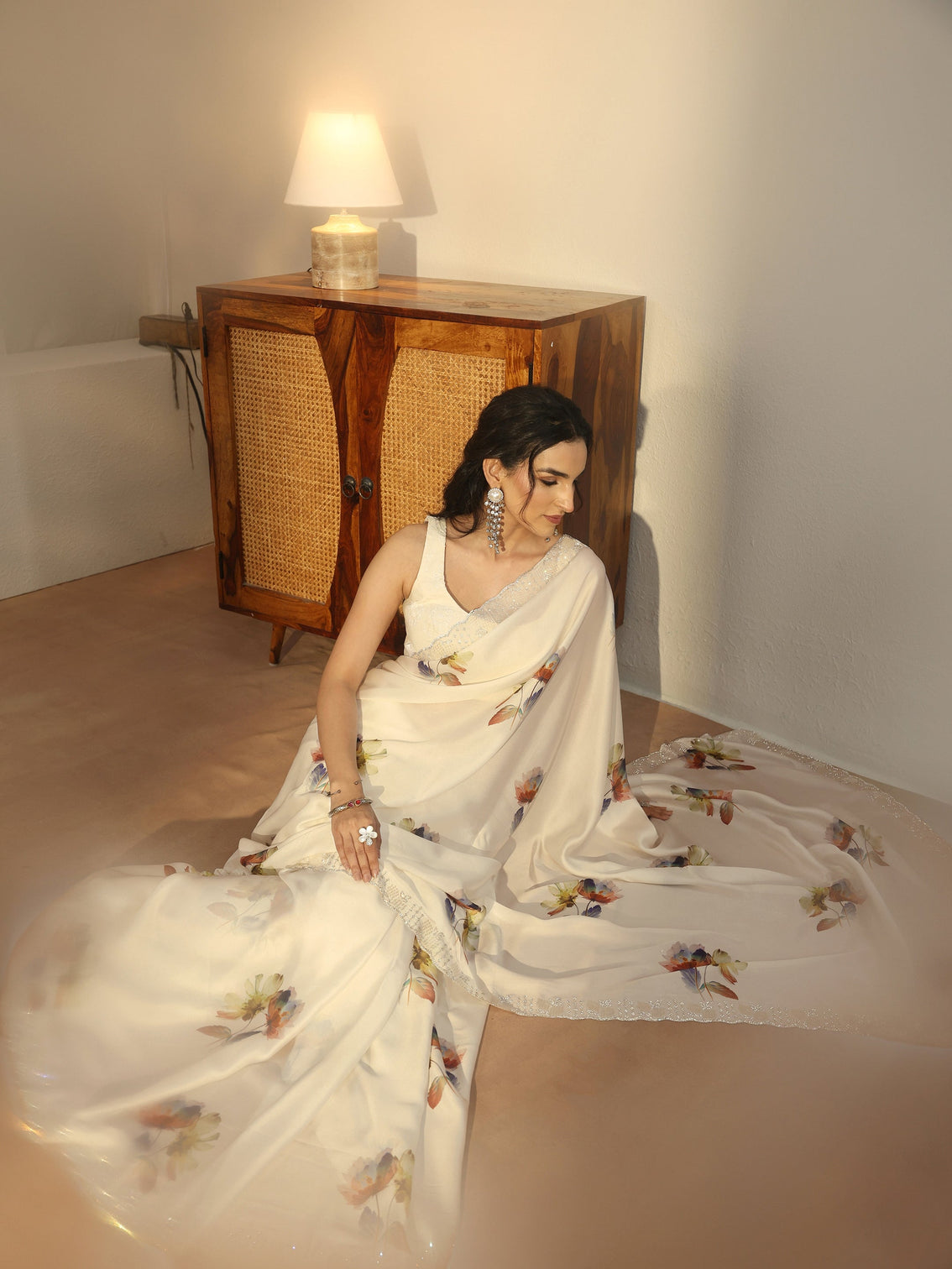Mameraa Cream Floral Printed Satin Saree with Embellished Border