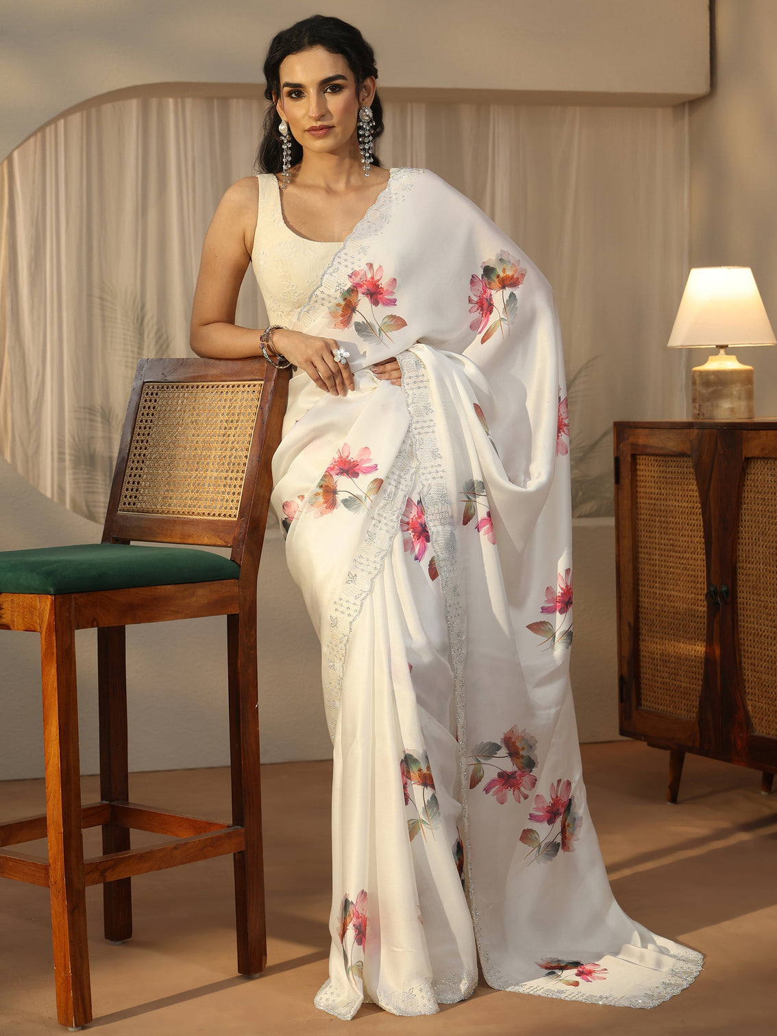 Mameraa Cream Floral Printed Satin Saree with Embellished Border