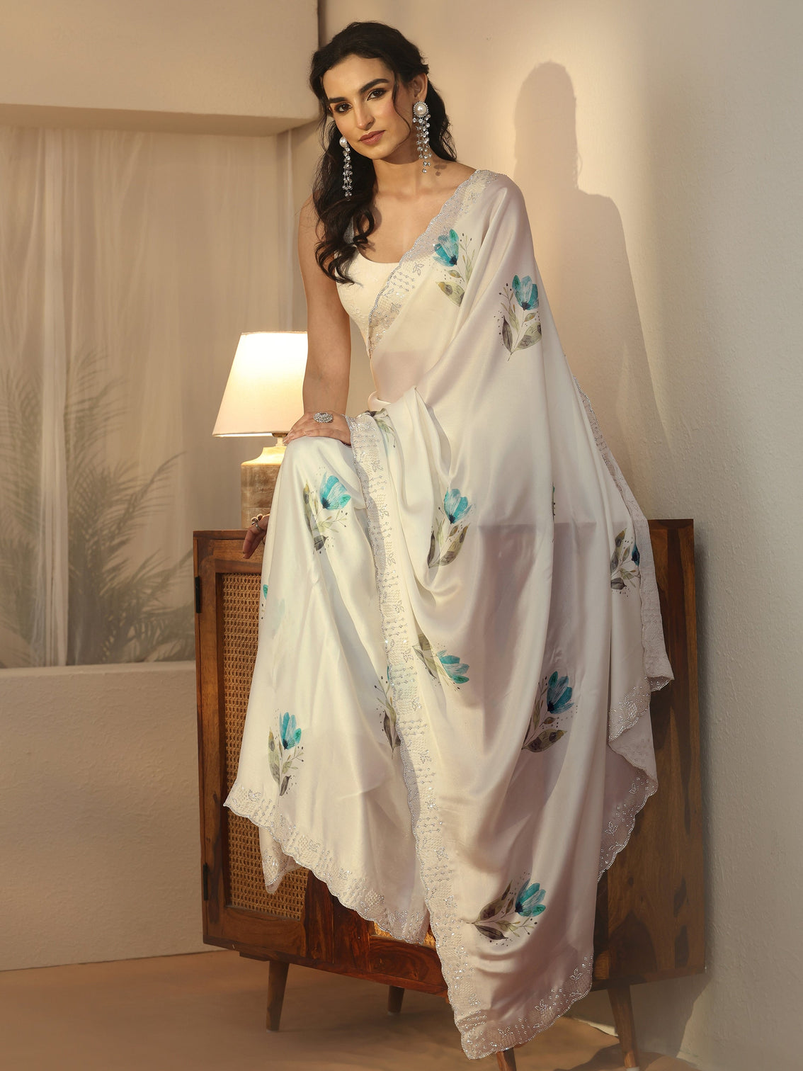 Mameraa Cream Floral Printed Satin Saree with Embellished Border