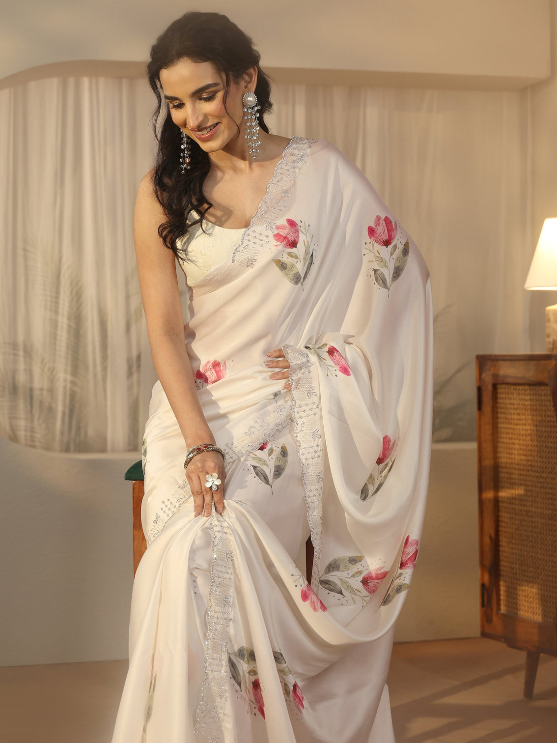 Mameraa Cream Floral Printed Satin Saree with Embellished Border