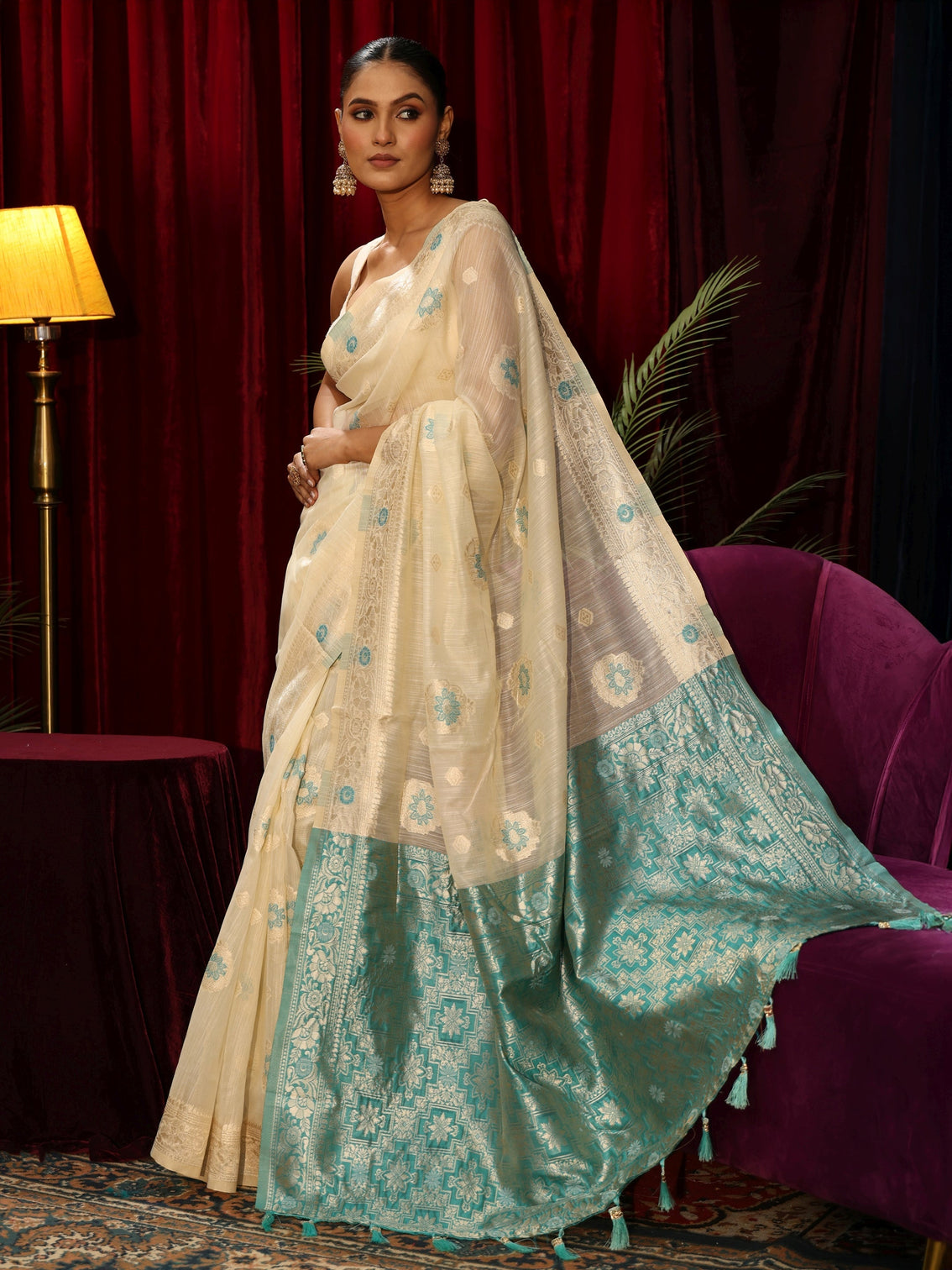 Mameraa Cream Floral Woven Design Silk Blend Tassel Saree