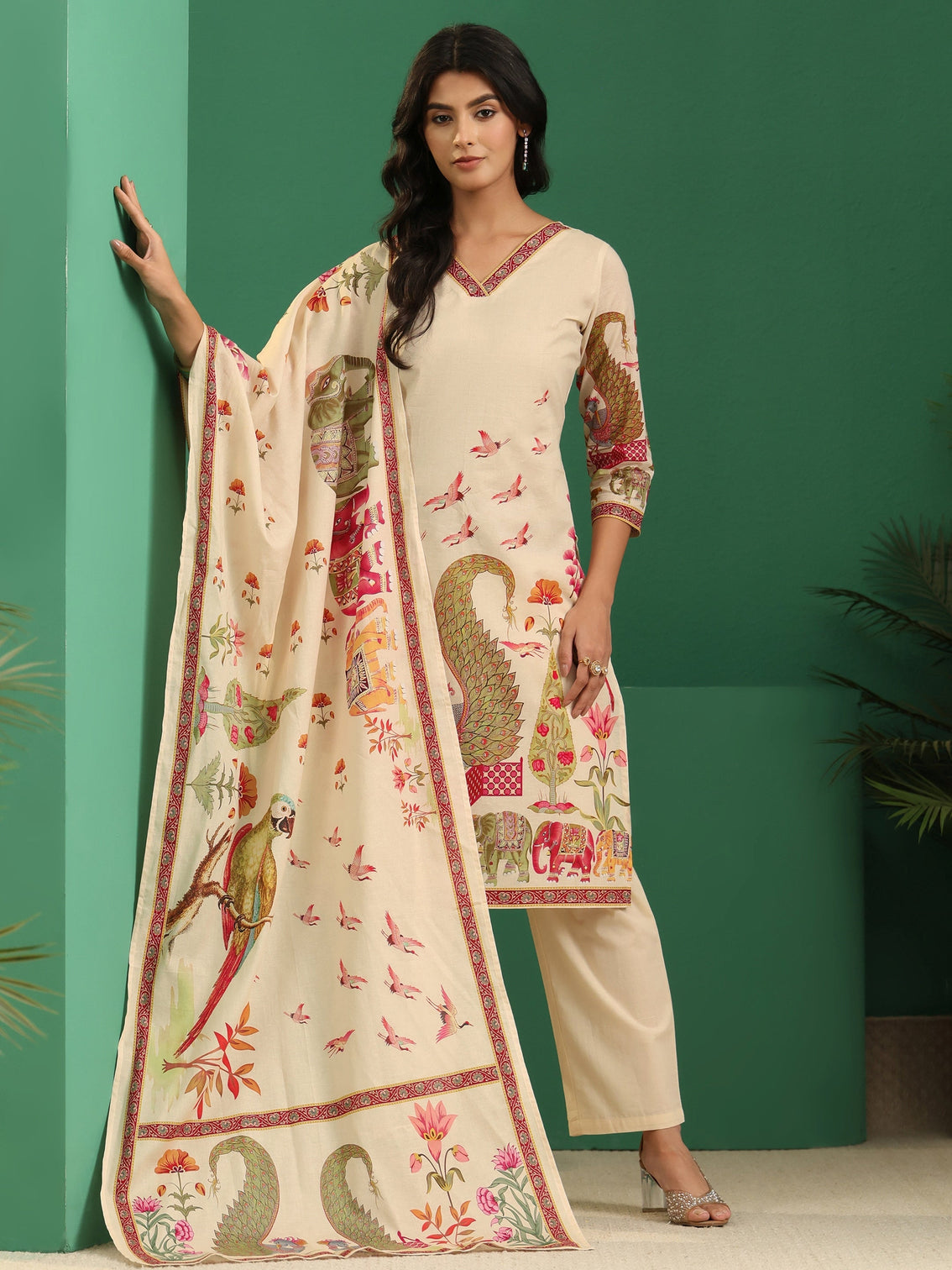 Mameraa Cream Heritage Print Cotton Straight Suit Set