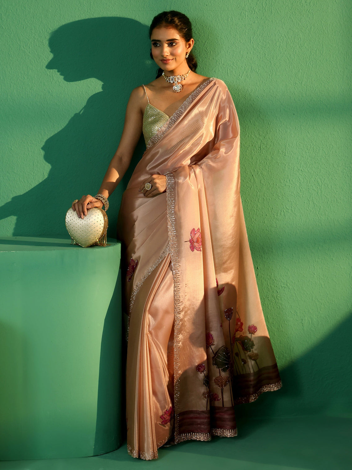 Mameraa Cream Lotus Printed Satin Saree with Embellished Border
