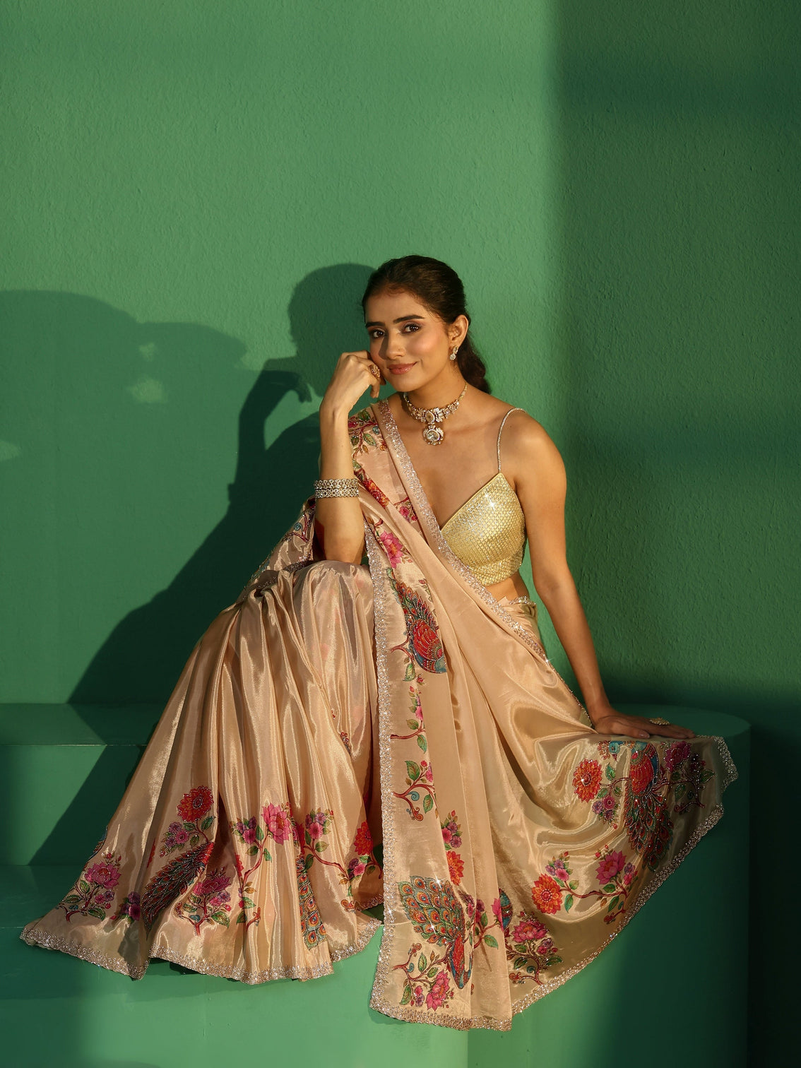 Mameraa Cream Peacock Printed Satin Saree with Embellished Border