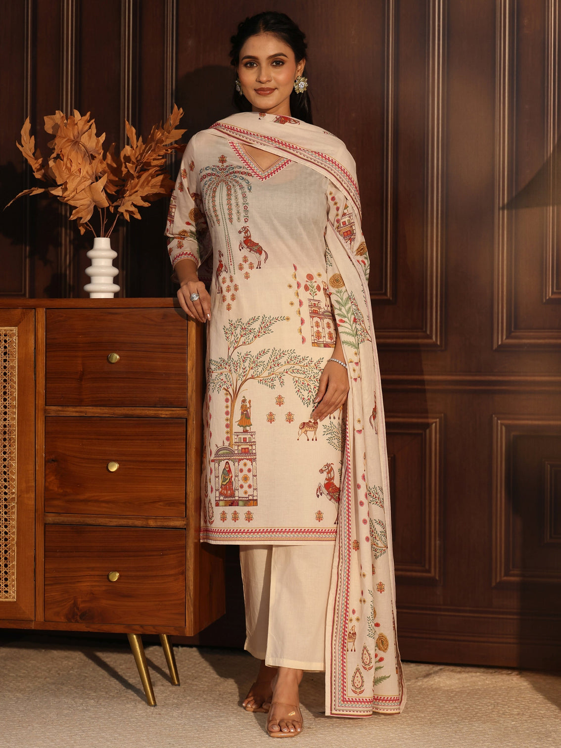 Mameraa Cream Pichwai Print Cotton Straight Suit Set