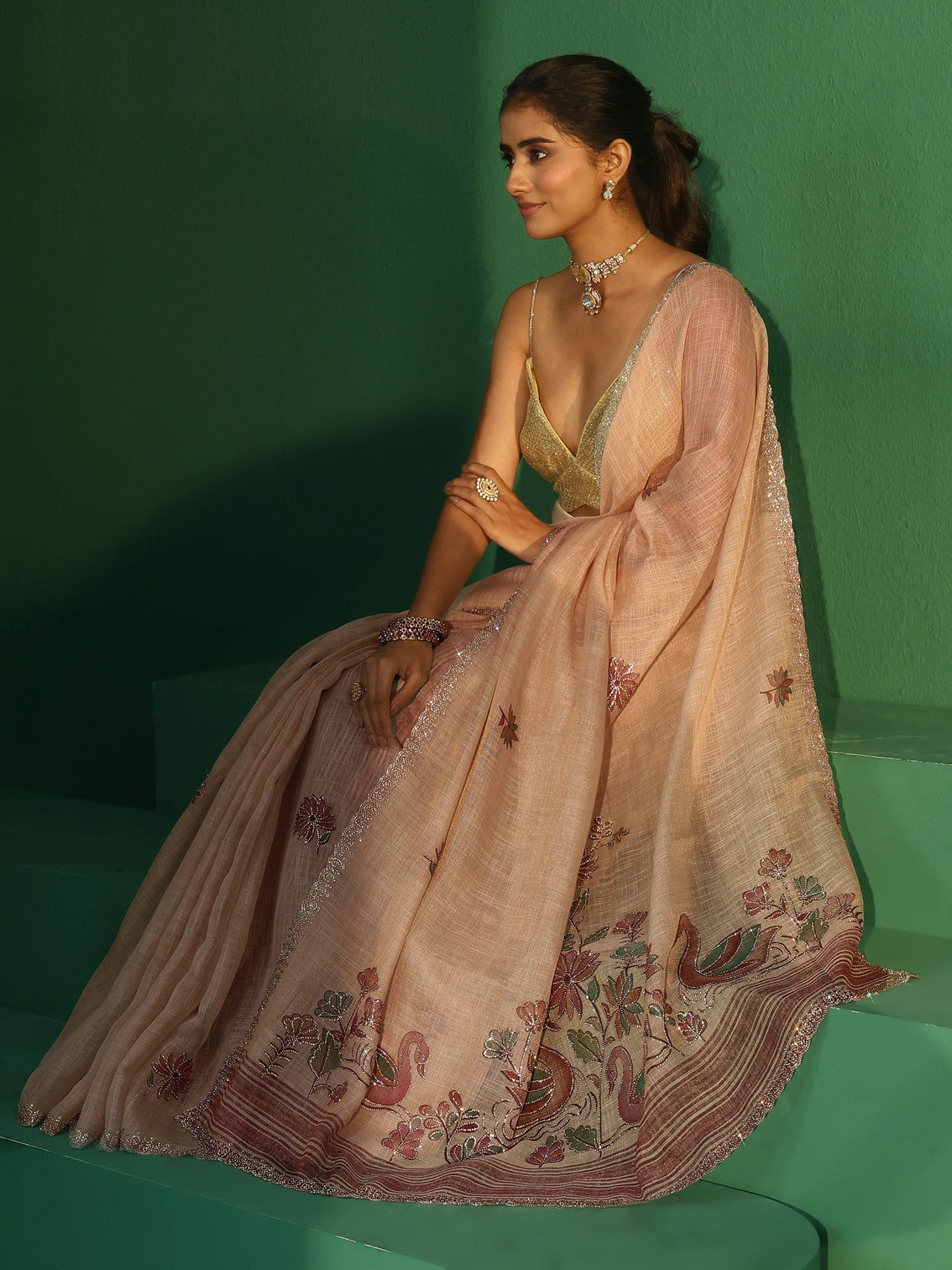 Mameraa Cream Printed Organza Saree with Embellished Border