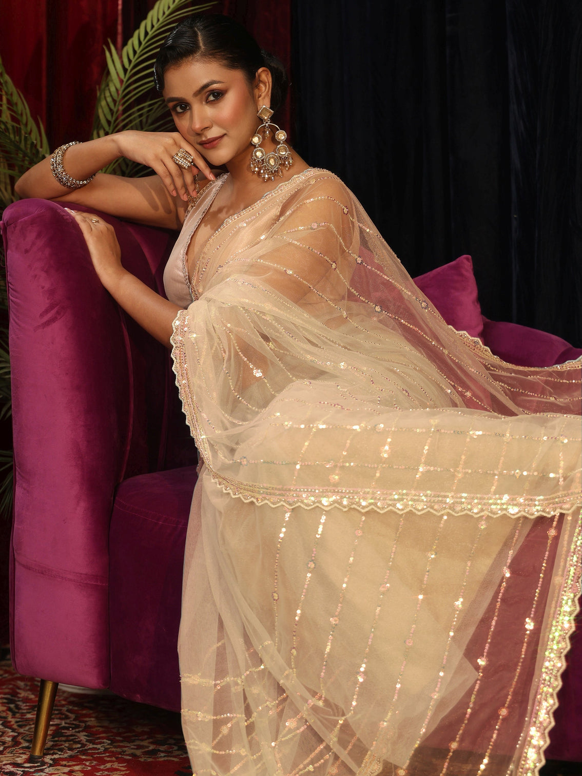 Mameraa Cream Sequin Embellished Net Saree