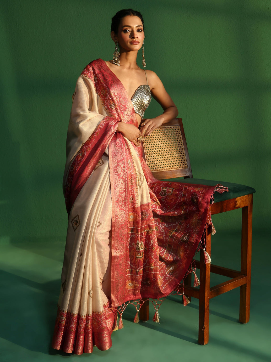 Mameraa Cream Silk Blend Saree with Patola Border