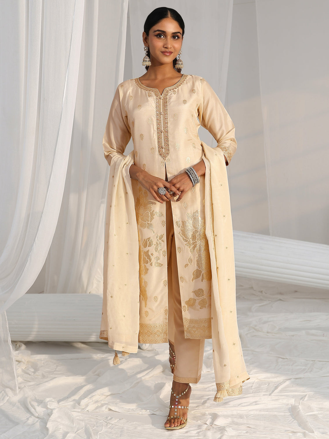 Mameraa Cream Woven Design Front Slit Silk Blend Straight Suit Set