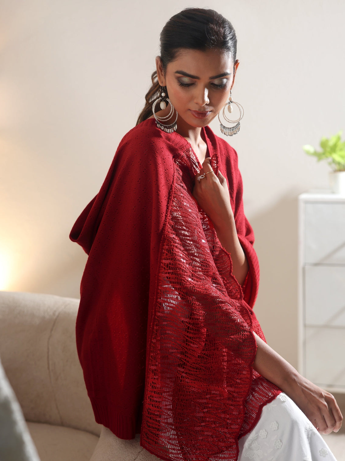 Mameraa Crimson Red Acrylic Wrap Shawl with Lace Border