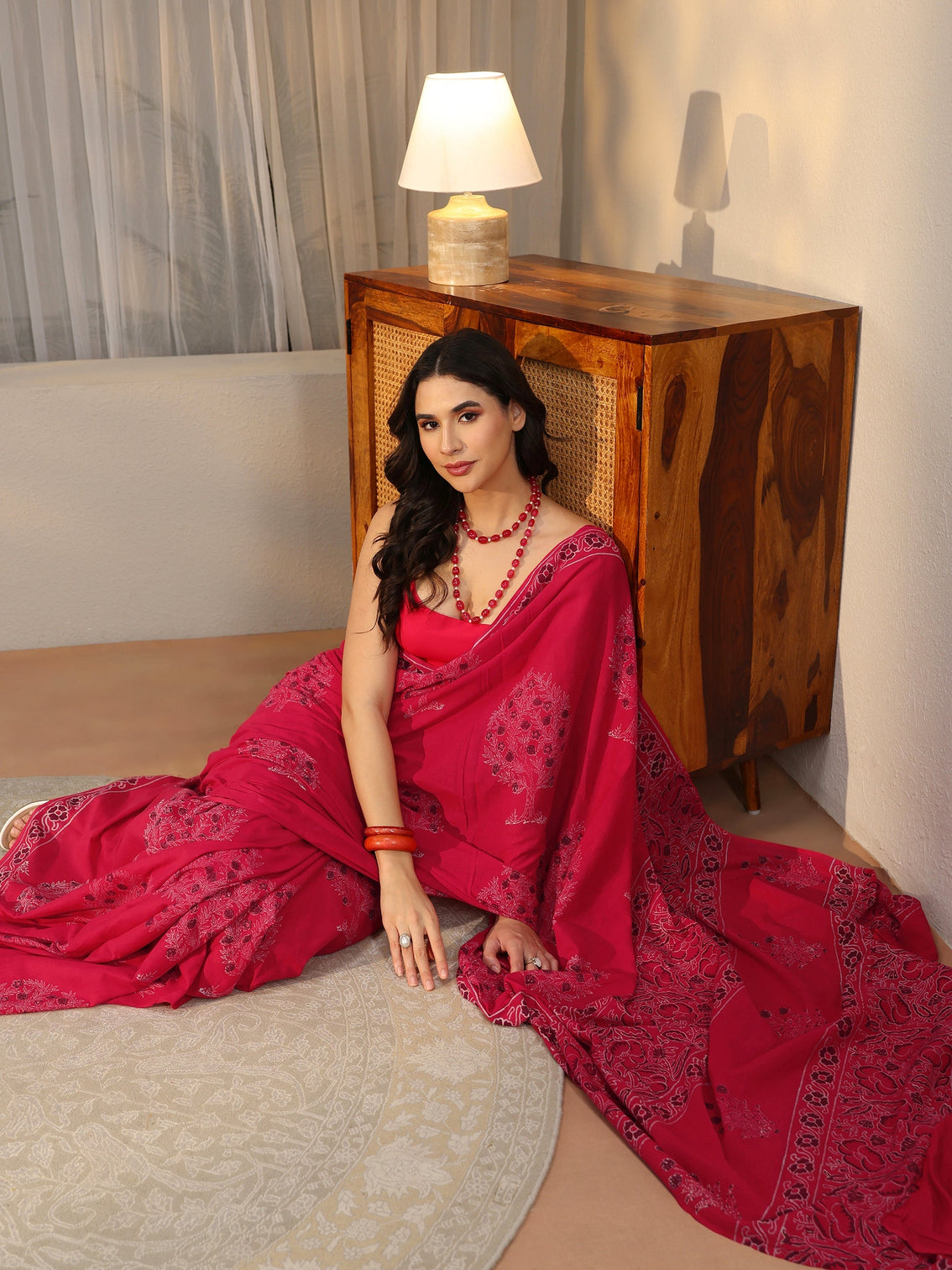 Mameraa Crimson Red Block Print Cotton Saree