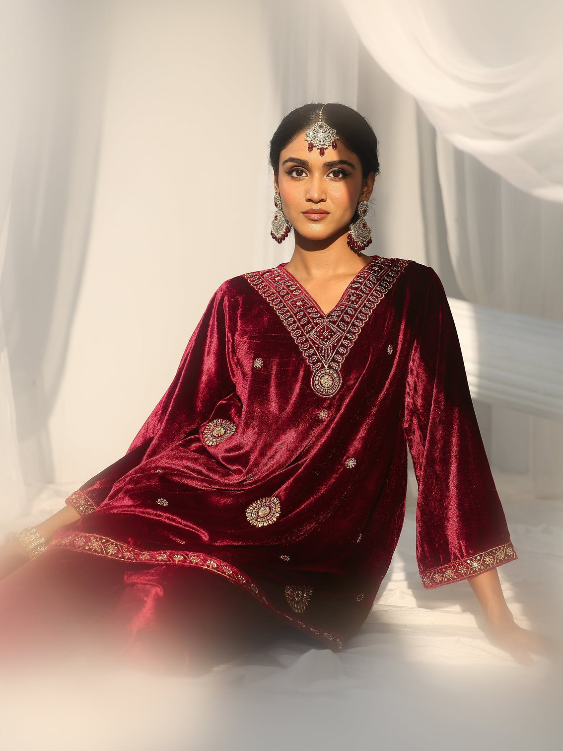 Mameraa Crimson Red Emellished Velvet Co-Ord Set