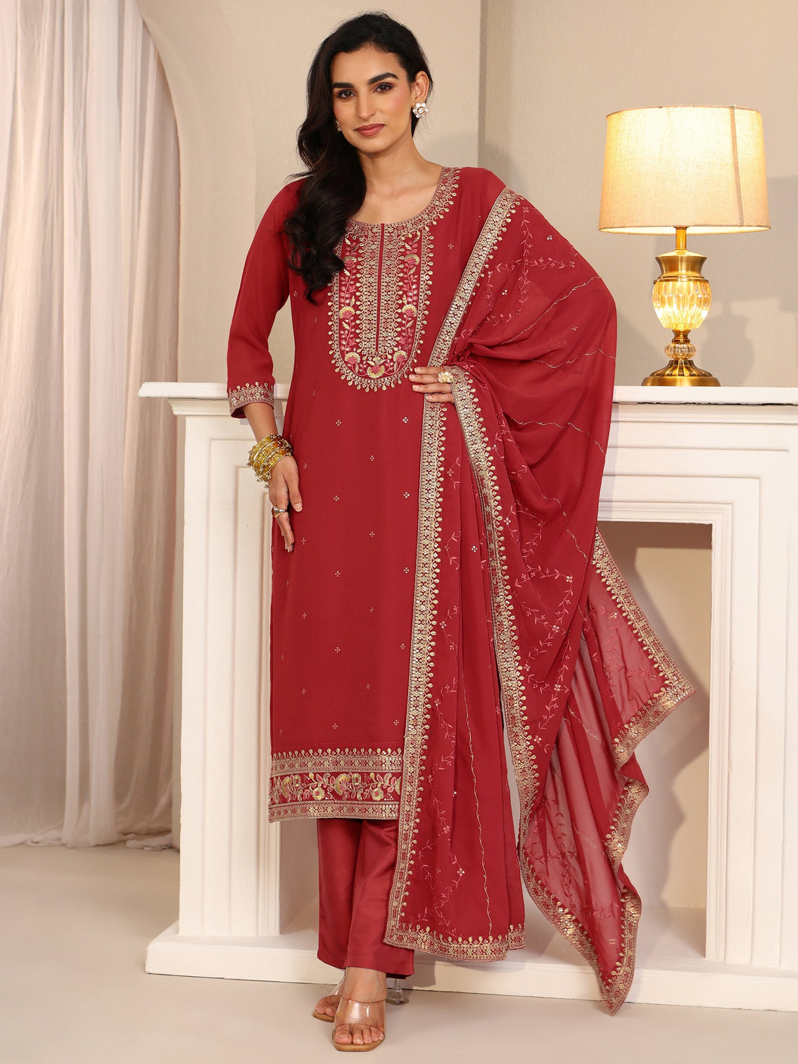 Mameraa Crimson Red Floral Embellished Georgette Straight Suit Set
