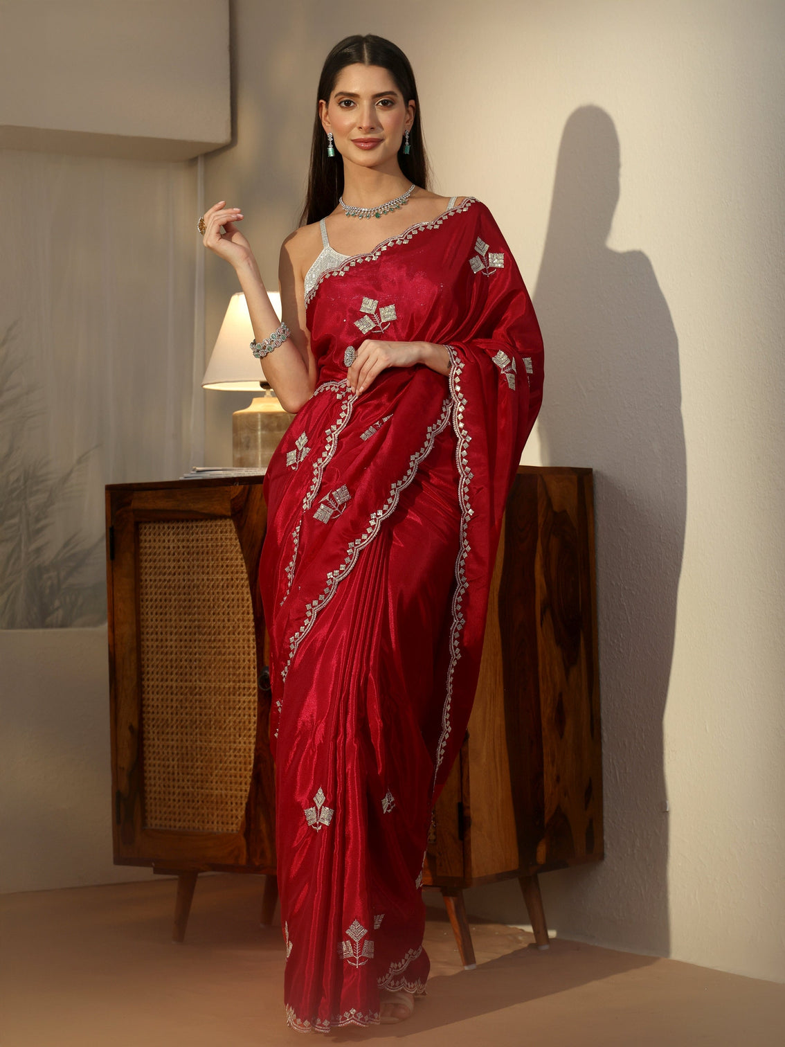 Mameraa Crimson Red Floral Embellished Satin Saree