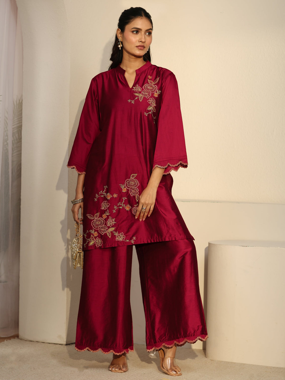 Mameraa Crimson Red Floral Embroidered Silk Blend Co-Ord Set