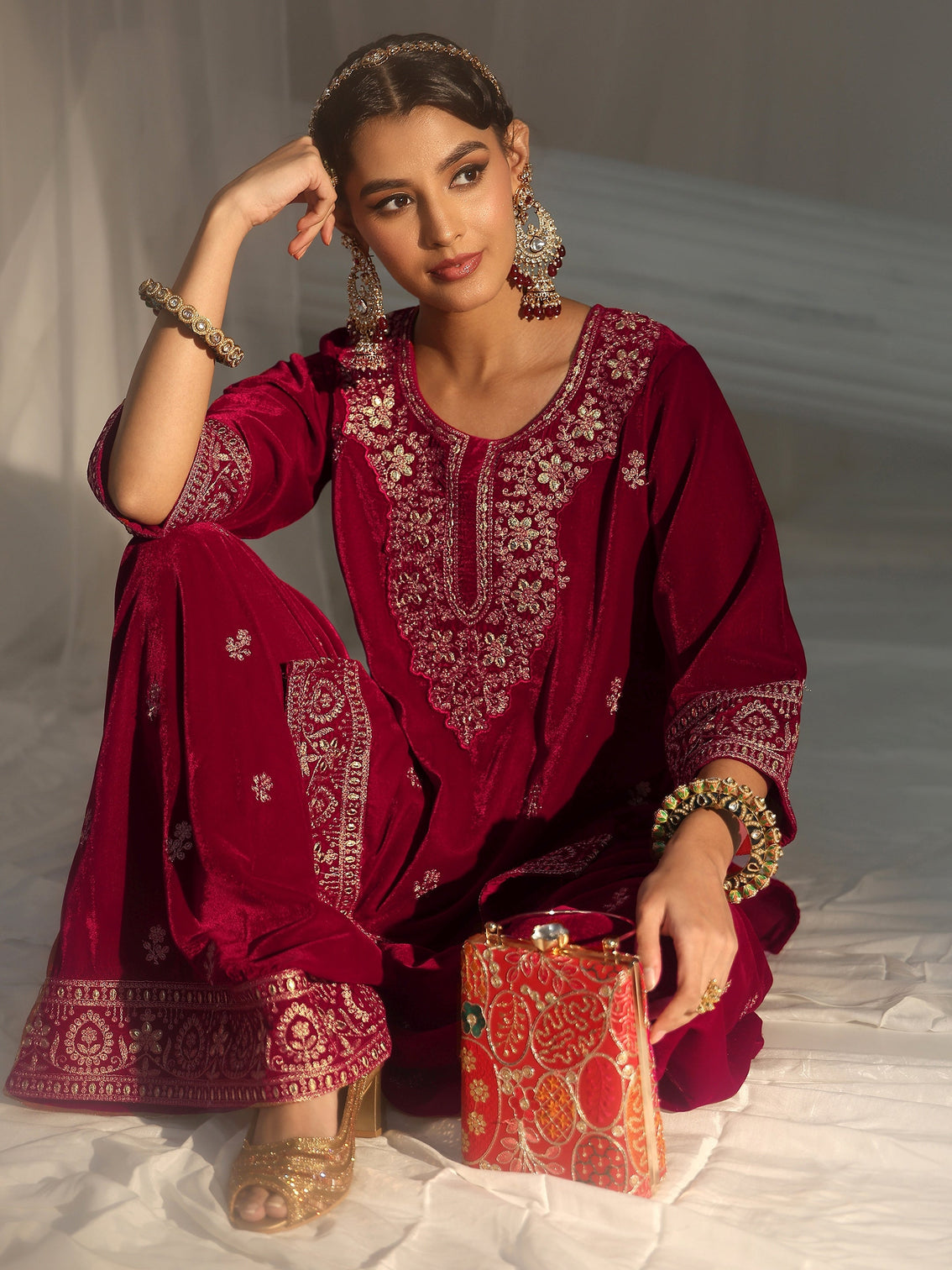 Mameraa Crimson Red Floral Embroidered Velvet Co-Ord Set