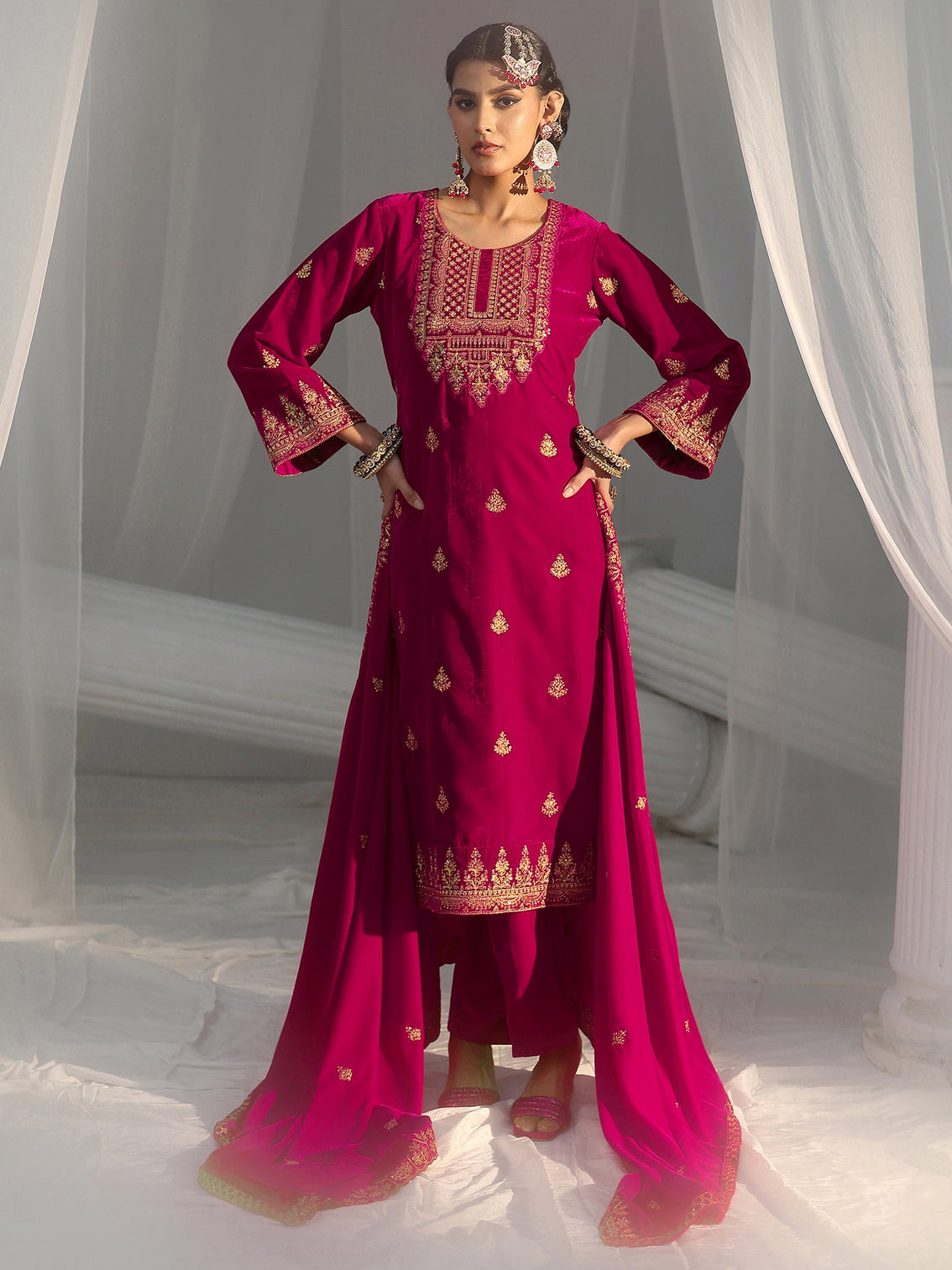 Mameraa Crimson Red Floral Embroidered Velvet Straight Suit Set - Mameraa