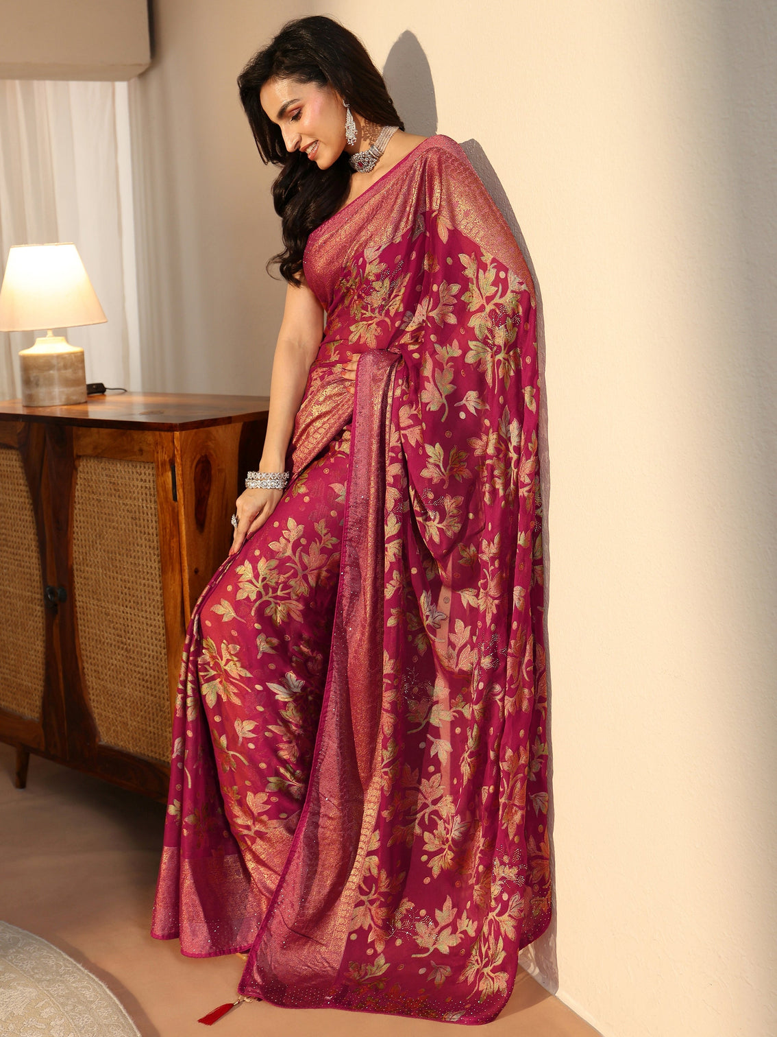 Mameraa Crimson Red Floral Printed Silk Blend Saree with Woven Border